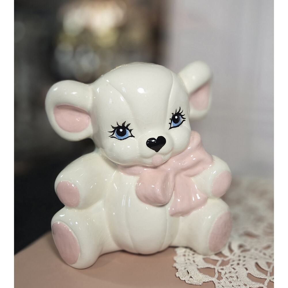 Vintage White Ceramic Teddy Bear w/Pink Accents Darling Little Girl Room Decor